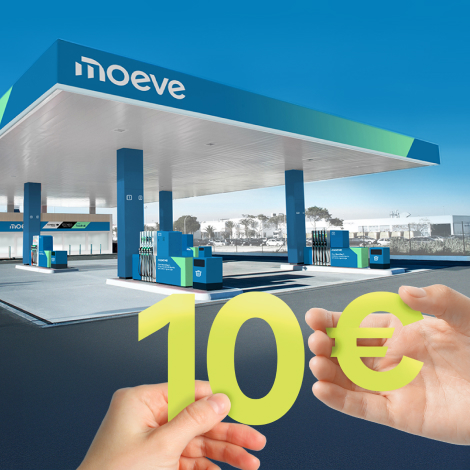 Posto Moeve, com um par de maõs que seguram o número 10 e o símbolo do Euro
